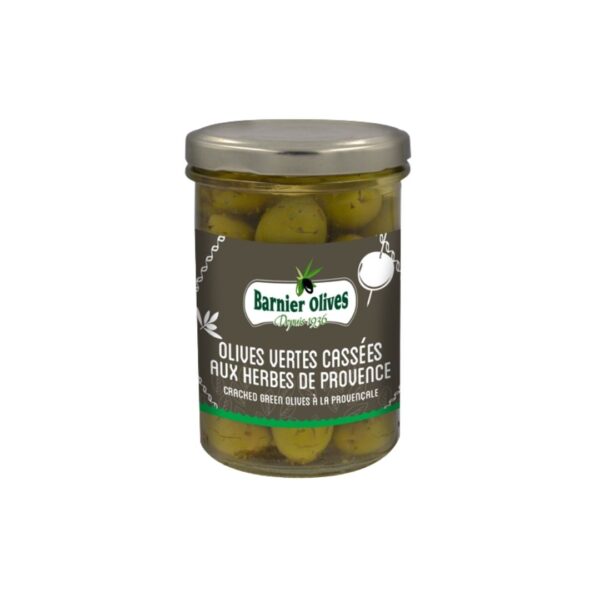 Geknackte grüne Oliven mit Kräutern der Provence – 115g