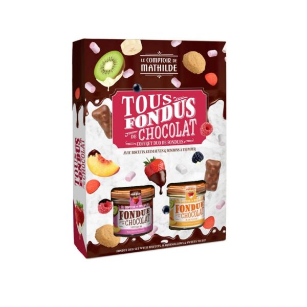 Geschenkset Fondue mit Marshmallows, Keksen und Bonbons (Milchschokolade und Weiße Schokolade) – 390g