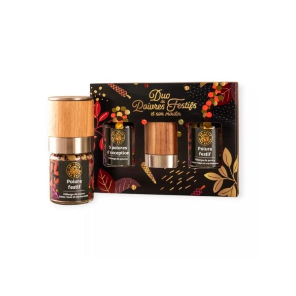 Geschenkset mit 2 Pfeﬀersorten und Mühlenkopf