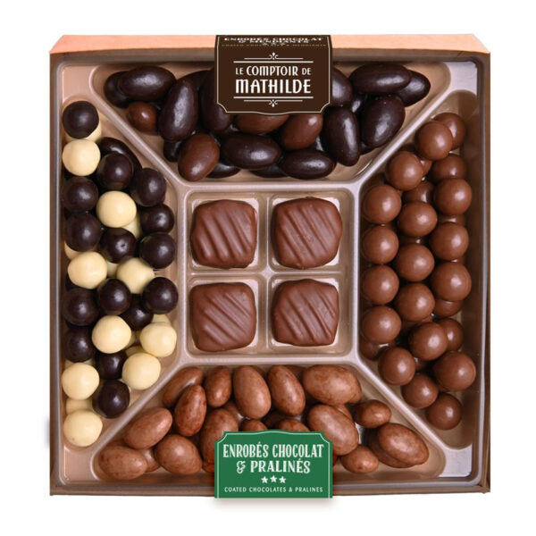 Geschenkbox mit schokoladenüberzogenen Pralinen und Pralinés – 400 g